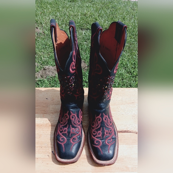 LUCCHESE  Western  Boots Womens  Black Pink Embroidered Studded Square Toe Sz 9 - Picture 1 of 12
